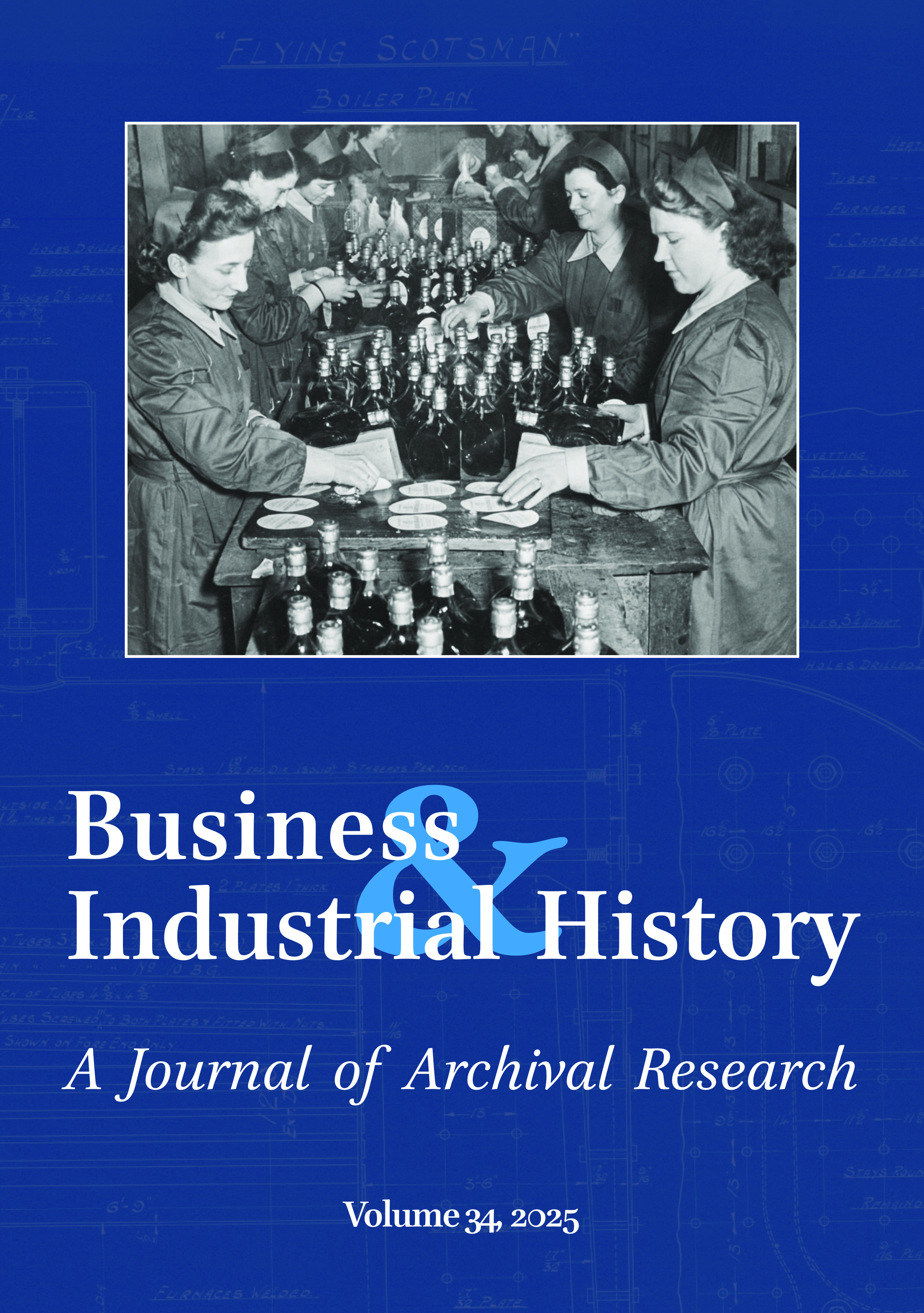 Image of the printed front cover of the BIH journal. Has a blue background with a black and white image of women packing bottles. Then the journal title in white text.