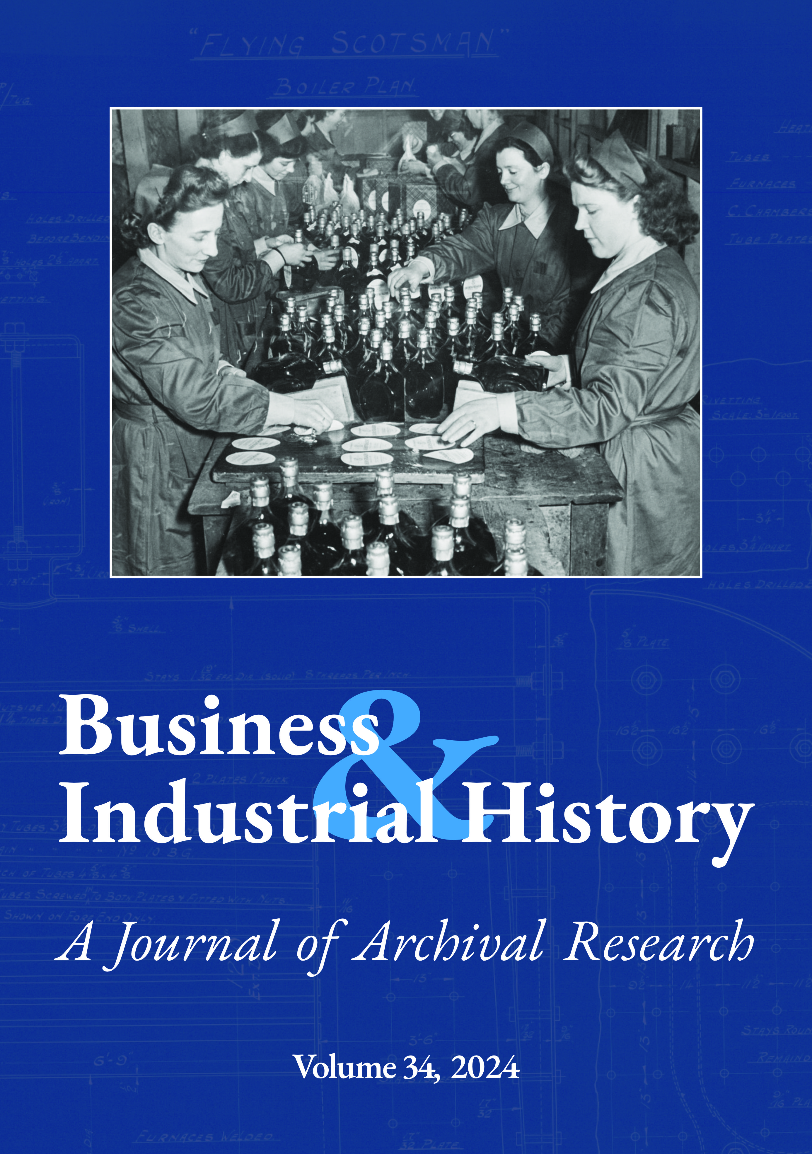 Front cover design of vol 34 of the Business and Industrial History journal. It features a black and white image of women packing bottles on a blue background