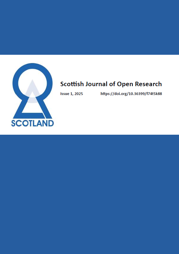 The cover page of the Scottish Journal of Open Research, with the Open Research Scotland logo on a blue background